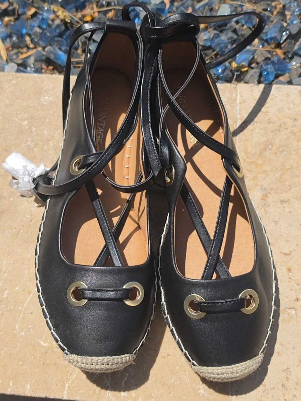 Crown Vintage Leyla Espadrille Flats Womens 8.5M, Black Ankle Warp Lace Up NWOT